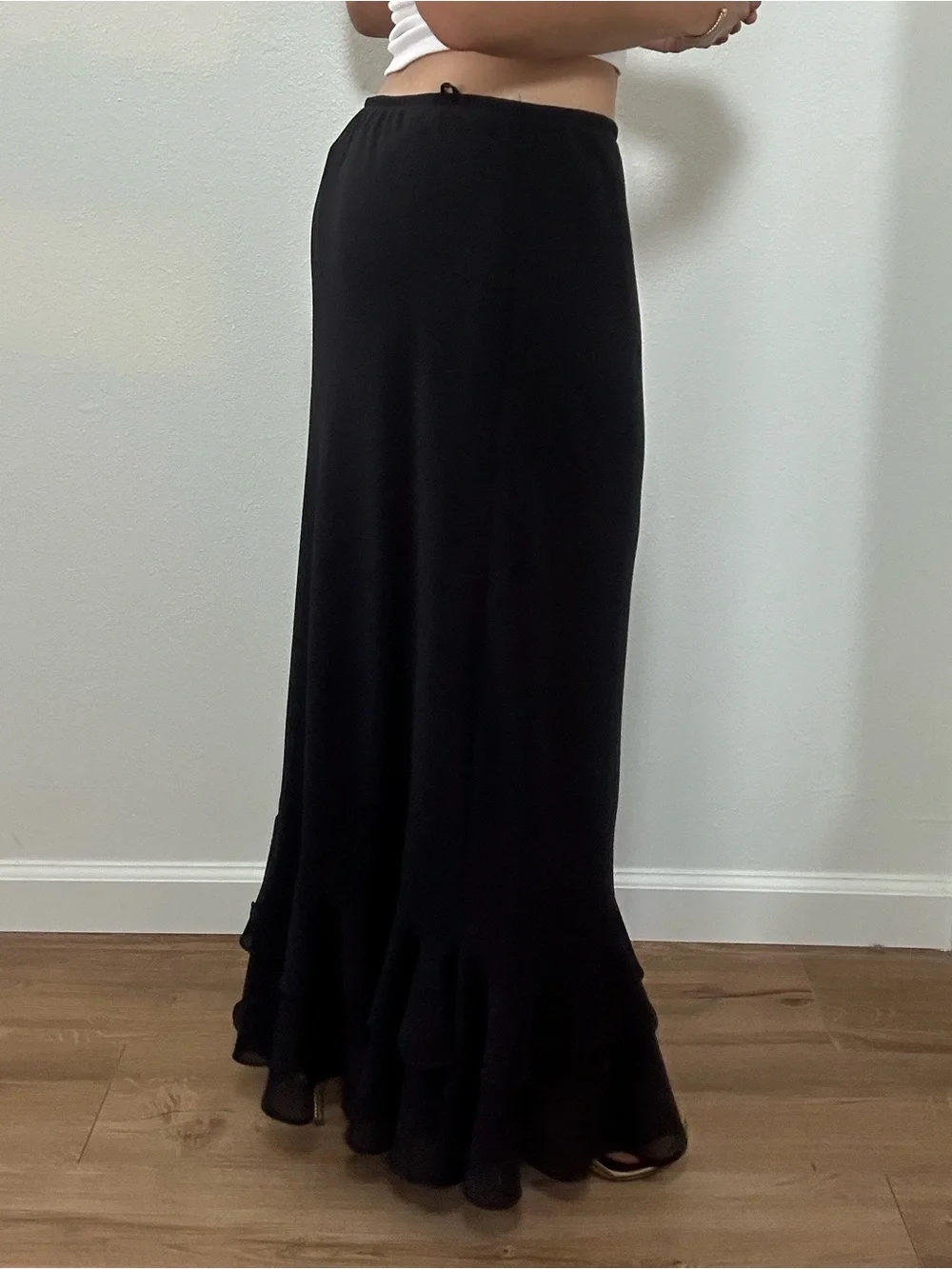 Vintage Dressbarn Y2K Black Ruffle-Hem Maxi Skirt Rosette Chiffon Size L - Picture 6 of 12